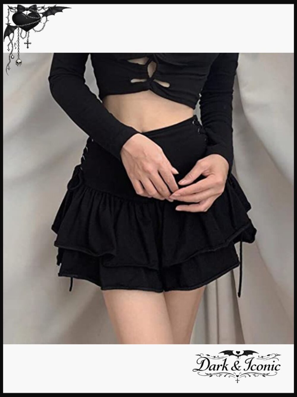 Black Lace Up Mini Skirt High Waist Goth Pleated Ruffle Y2k Punk Skater Skirt - Picture 2 of 6